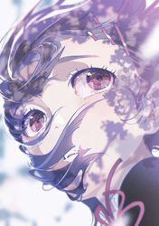  absurdres black_hair brown_eyes eye_focus eye_reflection female floating_hair hair_ornament hairpin highres looking_afar original parted_lips reflection short_hair solo wind yoneyama_mai 