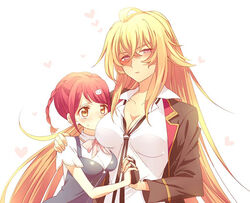  2girls black_necktie blonde_hair blue_dress bobpict braid breasts brown_eyes cat_hair_ornament dress hair_behind_ear hair_between_eyes hair_ornament heart hug interlocked_fingers long_hair looking_at_viewer medium_breasts multiple_girls necktie pink_eyes red_hair shikishima_mirei shirt small_breasts tokonome_mamori twin_braids valkyrie_drive valkyrie_drive_-mermaid- very_long_hair white_shirt yuri 