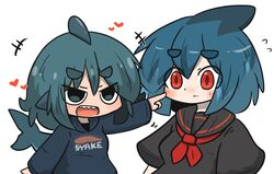  2girls arm_up black_eyes black_hoodie black_sailor_collar black_shirt blue_hair blush borrowed_character cheek_poking fins fish_tail fuka-chan head_fins heart highres hood hood_down hoodie index_finger_raised mako_(azuumori) medium_hair multiple_girls neckerchief open_mouth original poking red_eyes red_neckerchief sailor_collar shark_tail sharp_teeth shirt short_sleeves simple_background tail teeth uni_souchou white_background 