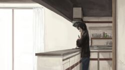  artist_name black_hair black_shirt cabinet curtains female holding holding_knife indoors joki_yoh kitchen knife original pants peeling scenery shirt sink window 