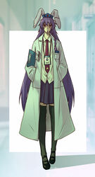  absurdres animal_ears bags_under_eyes black_thighhighs blue_skirt braid buttons cigarette closed_mouth collared_shirt dated english_commentary expressionless eyewear_in_pocket female full_body hands_in_pockets hat highres id_card lab_coat long_hair long_sleeves looking_at_viewer mouth_hold necktie notepad nurse_cap pen_in_pocket pleated_skirt pocket purple_hair red_eyes red_necktie reisen_udongein_inaba ringed_eyes royl shadow shirt single_braid skirt solo standing thighhighs touhou very_long_hair white_shirt wing_collar 