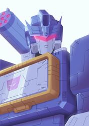  1boy absurdres assault_visor decepticon english_commentary highres insignia lextodrawstuff looking_down mecha no_humans robot science_fiction shoulder_cannon solo soundwave_(transformers) transformers transformers:_generation_1 upper_body v-fin 