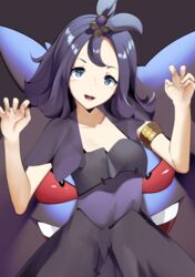  acerola_(pokemon) armlet blue_eyes claw_pose collarbone commentary dress eyelashes female gengar hair_ornament hands_up head_tilt highres looking_at_viewer medium_hair open_mouth pokemon pokemon_(creature) pokemon_sm purple_hair short_sleeves smile stitches teeth tongue topknot yuuyuu_(yuuki1771) 