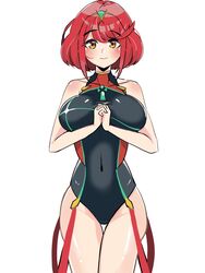  arms_under_breasts asymmetrical_hair bare_shoulders black_leotard breasts collarbone commentary_request cowboy_shot diadem dot_nose female highres iruka large_breasts leotard looking_at_viewer navel one-piece_swimsuit own_hands_together pyra_(xenoblade) red_hair shiny_clothes shiny_skin short_hair smile solo standing swimsuit white_background xenoblade_chronicles_(series) xenoblade_chronicles_2 yellow_eyes 