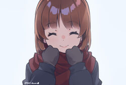  ^_^ artist_name blue_background blunt_bangs brown_hair closed_eyes closed_mouth female girls_und_panzer highres kimi_tsuru lips mittens nishizumi_miho red_scarf scarf short_hair simple_background smile solo twitter_username upper_body winter_clothes 