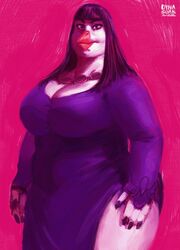  2022 alternative_fashion anthro ass avian bangs beak big_breasts big_butt bird black_hair breasts cleavage clothed clothing dress dyna_soar eyebrows eyelashes feathers female finch goth hair hi_res jewelry long_hair looking_at_viewer magenta_background nails necklace orange_beak oscine overweight overweight_female painting passerine portrait purple_clothing purple_dress signature simple_background solo thick_thighs three-quarter_portrait white_body white_feathers wide_hips 