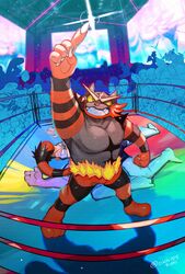  3_toes 5_fingers alolan_form alolan_raichu ambiguous_gender anthro arbok arm_above_head audience background_character bent_leg beverage black_body black_fur bodily_fluids chimchar claws closed_eyes clothed clothing curved_arm curved_tail dodrio drifloon duo_focus extended_arm eyewear feet feraligatr fighting_ring fingers fire flint_(pokemon) fur generation_1_pokemon generation_2_pokemon generation_3_pokemon generation_4_pokemon generation_5_pokemon generation_6_pokemon generation_7_pokemon gesture golurk green_eyes group hand_above_head hand_gesture hat hawlucha headgear headwear hi_res human incineroar lying machamp machop male mammal marill minccino narrowed_eyes nintendo nude nurse_joy on_back one_hand_up open_mouth open_smile pokemon pokemon_(species) poliwhirl pose raised_arm raised_finger raised_hand raised_index_finger rattata red_body red_fur regional_form_(pokemon) shadow sharp_teeth shirt smile standing straight_leg striped_body striped_fur stripes sushi1515 sweat sweatdrop tail teeth toes topwear tropius unconscious unknown_character victory victory_pose volkner_(pokemon) wide_stance wigglytuff 