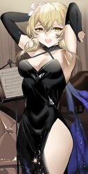  :d alternate_costume armpits arms_up bare_shoulders black_dress black_gloves blonde_hair breasts chinese_commentary cleavage commentary_request cowboy_shot criss-cross_halter dress elbow_gloves female flower genshin_impact gloves hair_between_eyes hair_flower hair_ornament halterneck highres looking_at_viewer lumine_(genshin_impact) medium_breasts open_mouth sheet_music shiben_(ugvu5784) short_hair side_slit smile solo standing white_flower yellow_eyes 