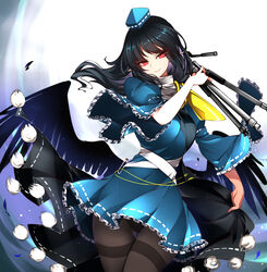  absurdres black_panties black_pantyhose blue_dress blue_hair coat dress female frilled_dress frills gem geta hat highres holding holding_tripod iizunamaru_megumu long_hair panties pantyhose pantyshot pointy_ears pom_pom_(clothes) raptor7 red_eyes ribbon_trim shoulder_guard sleeveless sleeveless_coat solo tengu-geta thighband_pantyhose tokin_hat touhou tripod underwear 