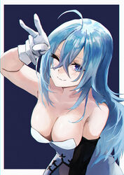  absurdres ahoge asymmetrical_sleeves black_sleeves blue_background blue_eyes blue_hair blush border breasts cleavage closed_mouth collarbone detached_sleeves dress female gloves hair_between_eyes highres large_breasts leaning_forward long_hair long_sleeves outside_border praticatan000 solo straight_hair strapless strapless_dress very_long_hair vivy vivy:_fluorite_eye&#039;s_song white_border white_dress white_gloves 