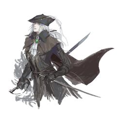  ascot bloodborne cape coat dual_wielding female gem gloves hat hat_feather highres holding holding_sword holding_weapon jewelry lady_maria_of_the_astral_clocktower long_hair looking_at_viewer open_mouth pilgrim_(silentreverie) ponytail rakuyo_(bloodborne) simple_background solo sword tricorne weapon white_background white_hair 