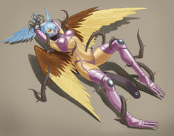  absurdres armpits arms_up bikini black_scarf blue_eyes blue_hair bound bound_wrists breasts claws commentary_request commission covered_nipples digimon digimon_(creature) feathered_wings female full_body garter_straps gauntlets gloves hair_between_eyes hair_wings highres kazukida leaf long_hair mask medium_breasts mouth_mask navel navel_insertion pixiv_commission plant purple_bikini purple_footwear purple_gloves restrained ryona scarf shadow shoulder_pads shutumon sidelocks simple_background skindentation solo stomach swimsuit thigh_gap vine_bondage vines wings 