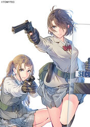  2girls belt blue_eyes breasts brown_eyes brown_hair character_request colt_python commentary_request daito feet_out_of_frame gloves green_belt gun hair_over_one_eye holding holding_gun holding_weapon lips little_armory long_sleeves looking_at_viewer medium_hair multiple_girls necktie niijima_sanae pleated_skirt red_necktie revolver riot_shield school_uniform serious shield shirt simple_background skirt smith_&amp;_wesson smith_&amp;_wesson_360 squatting standing tachikawa_rio vest weapon white_background white_shirt 