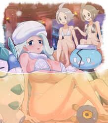  3girls absurdres arm_support barefoot bathing bikini blue_eyes blush body_blush breasts cleavage commentary_request earrings eiscue eiscue_(noice) eyelashes fire galarian_darumaka gym_trainer_(pokemon) hand_up highres huge_breasts jewelry long_hair looking_at_viewer melony_(pokemon) multiple_girls navel night open_mouth outdoors partially_underwater_shot pokemoa pokemon pokemon_(creature) pokemon_swsh roggenrola same-sex_bathing shared_bathing sitting snom snowing swimsuit teeth tongue towel towel_around_neck towel_on_head water wet white_bikini 