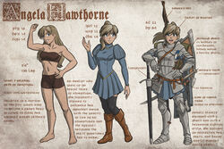  1girls angela_(doodlepoodle) angela_hawthorne armor blonde_hair blue_eyes boots character_sheet doodlepoodle dress dungeons_and_dragons english_text female female_knight female_only front_view high_ponytail knight muscular_female paladin plate_armor pleated_skirt ponytail shield stats sword tales_from_the_tables text thighhighs underwear 