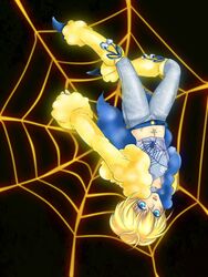  blonde_hair blue_eyes coat denchura denim female full_body galvantula gijinka heels high_heels jeans leg_warmers moemon navel open_mouth pants personification pokemon pokemon_(game) pokemon_black_and_white pokemon_bw shoes short_hair solo spider_web tattoo upside-down upside-down web 