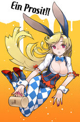  animal_ears bad_id bad_pixiv_id bavarian_flag blonde_hair blue_pantyhose bow bowtie breasts checkered_clothes checkered_legwear cleavage corset dirndl female fingernails flag_print freckles full_body german_clothes german_text heart high_heels highres large_breasts leotard long_fingernails long_hair multicolored_pantyhose nail_polish nakamura_tetsuya oktoberfest original pantyhose photoshop_(medium) pink_eyes pink_nails print_pantyhose purple_eyes rabbit_ears shoes solo translated underbust very_long_hair wrist_cuffs 