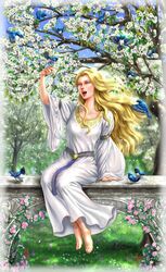  arm_at_side arm_up barefoot bench bird bird_on_hand blonde_hair blue-and-white_flycatcher blue_eyes collarbone dress elf feet female floating_hair flower flycatcher_(animal) foot_dangle gold_trim grass happy idril_celebrindal imageboard_desourced jpeg_artifacts kamehame long_hair long_sleeves nature non-web_source open_mouth outdoors petals pink_flower pink_rose pointy_ears rose the_silmarillion tolkien&#039;s_legendarium tree white_dress wide_sleeves 