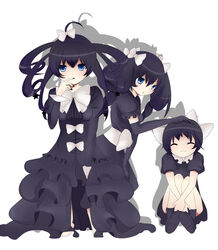  3girls ^_^ age_difference black_hair blue_eyes blush bow closed_eyes closed_eyes dress family gijinka gloves gochimiru gochimu gochiruzeru gothic_lolita gothita gothitelle gothorita hair_bows hairbow lolita_fashion long_hair moemon mother_and_daughter multiple_girls open_mouth personification pixiv_thumbnail pokemon pokemon_(game) pokemon_black_and_white pokemon_bw resized short_hair simple_background sitting smile twintails 