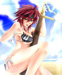  beach between_breasts bikini bikini_pull bracelet breasts clothes_pull commentary_request day female green_eyes headband highres jewelry large_breasts light_rays pixiv_fantasia pixiv_fantasia_4 red_hair shiroi_neko_(okenoris) side-tie_bikini_bottom solo sunbeam sunlight swimsuit sword weapon 