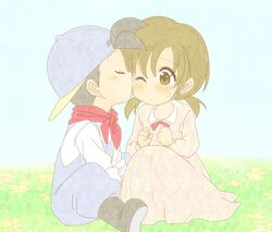  1boy blush brown_hair elli_(harvest_moon) female harvest_moon hat kissing lowres pete_(harvest_moon) pixiv_manga_sample short_twintails twintails twintails 