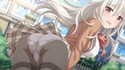  ass bent_over black_pantyhose blush breasts dutch_angle female game_cg grey_panties hiromi_(sakura_swim_club) large_breasts long_hair looking_back open_mouth panties panties_under_pantyhose pantyhose plaid plaid_skirt red_eyes sakura_swim_club school school_uniform skirt solo thighband_pantyhose trefoil underwear wanaca white_hair 