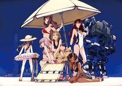  6+girls :3 animal_ears arm_at_side arm_support ass back bandeau bare_arms bare_legs bare_shoulders beach_chair beach_umbrella beer_can bikini bikini_top_only bikini_under_clothes black_bikini black_hair blonde_hair blue_eyes blue_shorts bracelet braid breasts brown_hair building can cleavage closed_mouth collarbone commentary_request cutoffs dark-skinned_female dark_skin day drink_can earrings eyelashes factory flip-flops flower frilled_bikini frills fur grin halterneck hand_on_own_chest hand_on_own_thigh hat hat_flower hat_ribbon highres holding horns innertube jewelry key large_breasts leaning_forward leaning_to_the_side lipstick long_hair looking_at_viewer looking_back makeup mecha medium_breasts multiple_girls navel_piercing on_ground one-piece_swimsuit oni_horns open_fly original outdoors parted_lips photoshop_(medium) piercing pink_bikini pink_lips product_placement purple_eyes red_bikini red_eyes ribbon robot sandals scar scrunchie shade short_hair short_shorts shorts sidesaddle silver_hair sitting sky smile standing stomach stool strap_gap straw_hat summer swim_ring swimsuit tail tower twin_braids twintails umbrella unbuttoned underboob wariza white_one-piece_swimsuit wrist_scrunchie wristband yellow_eyes yoshida_tooru 