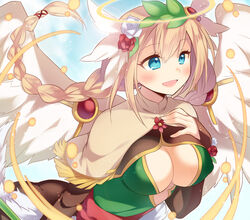  angel aqua_eyes archangel_(p&amp;d) blonde_hair blush braid breasts commentary_request female halo kaki_s large_breasts long_hair open_mouth photoshop_(medium) puzzle_&amp;_dragons solo wings 