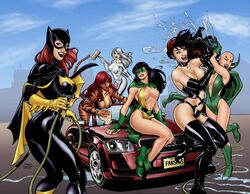  6+girls :d ankle_boots ass audi audi_tt bald bald_girl barbara_gordon bare_shoulders batgirl batman_(series) belt bent_over bikini black_bikini black_hair black_legwear blue_eyes boots breast_rest breasts breasts_apart bucket bustier cape car center_opening choker cleavage closed_eyes cloud colored_skin convertible crossover day dc_comics earrings elbow_gloves facial_mark floating_hair forehead_mark gloves green_legwear greer_grant_nelson grey_hair hanging_breasts heather_douglas high_heels holding hose jewelry knee_boots large_breasts laughing leg_lift leotard lipstick long_hair looking_at_viewer looking_back makeup marvel mask moondragon mop motor_vehicle multiple_girls non-web_source off-topic official_art open_mouth orange_skin outdoors panties phantom_lady_(dc) realistic red_hair sandra_knight selene_(x-men) selene_gallio shiny_clothes signature silver_sable silver_sablinova sitting skin_tight sky smile splashing standing superhero_costume swimsuit tail terry_dodson thigh_boots thighhighs tigra towel underwear visor washing washing_vehicle water western_comics_(style) x-men 