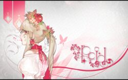  apple bad_id bad_pixiv_id bare_shoulders blonde_hair choker dress female flower food from_side fruit hair_flower hair_fruit hair_ornament herme_(ohisashiburi) highres juliet_sleeves long_hair long_sleeves neck_ribbon ohisashiburi original ponytail profile puffy_sleeves red_choker red_eyes ribbon ribbon_choker solo white_dress 