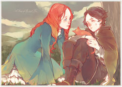  1boy a_song_of_ice_and_fire aged_down animification bad_id bad_pixiv_id blue_eyes braid brown_hair cape catelyn_tully dress feline female freckles highres long_hair petyr_baelish red_hair sleeping tree wavesheep 