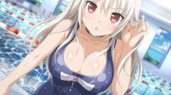  :o blush breasts cleavage cloud collarbone dutch_angle female game_cg hiromi_(sakura_swim_club) lane_line large_breasts long_hair looking_at_viewer one-piece_swimsuit open_mouth pool pool_ladder poolside red_eyes sakura_swim_club school_swimsuit solo sparkle swimsuit tucking_hair wanaca water wet white_hair 