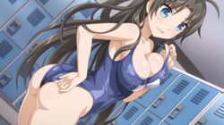  ahoge ass black_hair blue_eyes blush breasts cleavage clothes_pull dutch_angle female game_cg large_breasts locker long_hair mieko_(sakura_swim_club) one-piece_swimsuit one-piece_swimsuit_pull open_mouth sakura_swim_club school_swimsuit solo swimsuit wanaca 