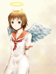  angel angel_wings brown_eyes brown_hair commentary feathered_wings female haibane_renmei halo highres old-one orange_sailor_collar rakka_(haibane) sailor_collar short_hair solo static_cling wings 