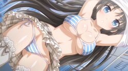  arms_up bikini black_hair blue_bikini blue_eyes blush breasts cleavage dutch_angle female game_cg large_breasts locker long_hair looking_at_viewer mieko_(sakura_swim_club) navel parted_lips plaid plaid_skirt sakura_swim_club side-tie_bikini_bottom skirt solo striped_bikini striped_clothes swimsuit thighhighs undressing wanaca white_thighhighs 