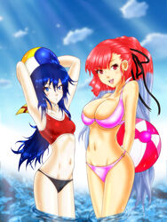  2girls armpits arms_up ball beachball bikini black_hair blue_eyes blush breasts commentary_request eyelashes gradient_hair hair_ribbon highres iforher imca large_breasts long_hair md5_mismatch multicolored_hair multiple_girls navel photoshop_(medium) ponytail red_eyes red_hair ribbon riela_marcellis senjou_no_valkyria_(series) senjou_no_valkyria_3 small_breasts swimsuit tankini underboob wading white_hair 