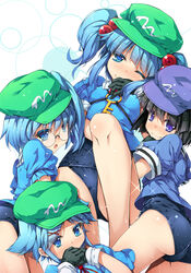  4girls alternate_costume ass black_gloves black_hair blue_eyes blue_hair blue_shirt blush breasts chima_q colored_eyelashes commentary_request covered_nipples covering_own_mouth dark_haired_kappa glasses glasses_kappa gloves hair_bobbles hair_ornament hair_ribbon hair_tie_kappa hat highres kappa_mob_(touhou) kawashiro_nitori key looking_at_viewer medium_breasts multiple_girls one-piece_swimsuit one_eye_closed open_mouth photoshop_(medium) purple_eyes ribbon school_swimsuit shirt short_hair short_sleeves short_twintails side_ponytail smile sparkle swimsuit swimsuit_under_clothes thighs touhou twintails two_side_up wet 