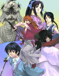  2girls 3boys bandages chimurin0704 commentary_request highres hiko_seijuurou himura_kenshin japanese_clothes kamiya_kaoru katana makimachi_misao multiple_boys multiple_girls red_hair rurouni_kenshin scar seta_soujirou shishio_makoto shosei sword weapon 