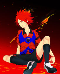  bad_id bad_pixiv_id banned_artist chaos_(inazuma_eleven) fire harano inazuma_eleven inazuma_eleven_(series) looking_away male_focus nagumo_haruya red_hair shoes sitting sneakers soccer_uniform socks solo sportswear yellow_eyes 