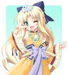  ;d aqua_background aqua_eyes bad_id bad_pixiv_id bare_shoulders beads blonde_hair blush bow cleavage_cutout clenched_hand clothing_cutout detached_sleeves dress drill_hair earrings enjutsu female fingernails flat_chest frilled_sleeves frills gem gradient_background hairbow halftone halftone_background jewelry koihime_musou long_fingernails long_hair looking_at_viewer magatama necklace one_eye_closed open_mouth parted_bangs photoshop_(medium) sash shiumai sidelocks smile solo tiara v v_over_eye very_long_hair wide_sleeves 