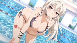  bent_over bikini black_bikini blush breasts choker cleavage dutch_angle female game_cg hanging_breasts hiromi_(sakura_swim_club) lane_line large_breasts leaning_forward long_hair pool poolside red_eyes sakura_swim_club side-tie_bikini_bottom skindentation solo swimsuit thigh_strap wanaca water white_hair window 