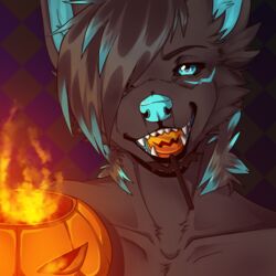  1:1 bust_portrait candy canid canine canis demon dessert fire flaming_pumpkin food fruit grin halloween holidays icon lollipop looking_at_viewer male mammal master_hellscythe night plant portrait pumpkin royalty smile smirk solo teeth whcardinal wolf 