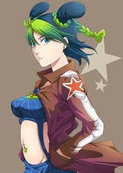  blue_eyes blue_hair commentary_request cone_hair_bun double_bun female green_hair hair_bun jacket jojo_no_kimyou_na_bouken kujo_jolyne midriff multicolored_hair seven_(11) solo spider_web_print stone_ocean two-tone_hair 