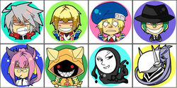  3girls 4boys angry animal_ears arakune arc_system_works beret blazblue blazblue:_calamity_trigger blonde_hair bolero braid cat_ears chibi cropped_jacket female glasses green_hair grey_hair grin hakumen happy hat hazama helmet hood japanese_clothes jin_kisaragi kisaragi_jin kokonoe labcoat long_hair male multiple_boys multiple_girls noel_vermillion noran pink_hair ponytail ragna_the_bloodedge red_eyes ribbon sad short_hair smile taokaka trench_coat trenchcoat twin_braids uniform yellow_ribbon 