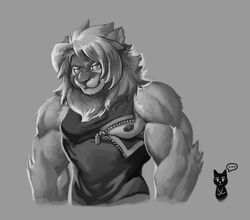  2017 abs anthro biceps clothing digital_media_(artwork) felid fur hi_res kemono lion looking_at_viewer male mammal meme meme_clothing monochrome muscular muscular_anthro muscular_male nipple_zipper nipples pantherine pecs shirt simple_background solo tank_top top_tank_meme topwear wolfmalro 