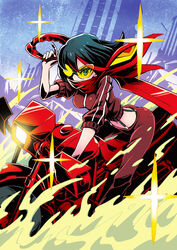  black_hair commentary_request female jacket katouken_(ktn-works) kill_la_kill matoi_ryuuko midriff motor_vehicle motorcycle pants photoshop_(medium) riding scarf scissor_blade_(kill_la_kill) senketsu senketsu_(scarf) short_hair solo sunglasses suspenders track_jacket track_pants track_suit weapon 