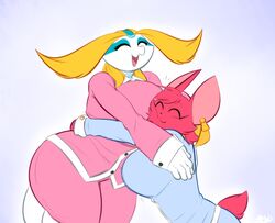  2017 aijou alien anthro ass averyshadydolphin bat big_breasts big_butt blonde_hair breasts closed_eyes clothing dragon duo eyebrows eyelashes female fur hair happy hug huge_breasts huge_butt huge_hips jou mammal mythological_creature mythological_scalie mythology open_mouth pajamas pink_body pink_fur scalie simple_background thick_thighs vixie_(averyshadydolphin) wide_hips 