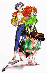  3girls :d all_fours arm_support arms_behind_back bare_legs bow breasts brown_eyes brown_hair buttons cleavage closed_mouth collarbone denim earrings full_body green_eyes green_footwear green_shirt green_skirt hairbow hand_in_pocket high_heels highres jacket jeans jewelry kaori_(super_real_mahjong) long_hair long_sleeves looking_at_viewer looking_back mana_(super_real_mahjong) medium_breasts mole mole_under_eye multiple_girls nail_polish navel no_socks open_clothes open_fly open_jacket open_mouth orange_hair pants purple_hair red_bow red_nails school_uniform serafuku shiny_skin shirt shoes short_hair simple_background skirt sleeves_pushed_up smile stomach super_real_mahjong tanaka_ryou tareme thighs unbuttoned v_arms white_background yellow_jacket yuu_(super_real_mahjong) 