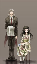  bad_id bad_pixiv_id bangs banned_artist beard black_hair blunt_bangs butler closed_eyes facial_hair female formal green_eyes grey_hair highres itoshiki_rin japanese_clothes kimono long_hair moustache necktie obi paseri sandals sash sayonara_zetsubou_sensei socks suit tokita_(szs) towel 