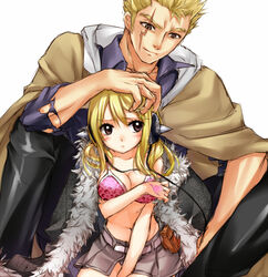  1boy bikini bikini_top_only blonde_hair blush breasts cleavage coat commentary_request couple fairy_tail female fur_trim hand_on_another&#039;s_head headphones laxus_dreyar lucy_heartfilia medium_breasts scar skirt straight strib_und_werde swimsuit 